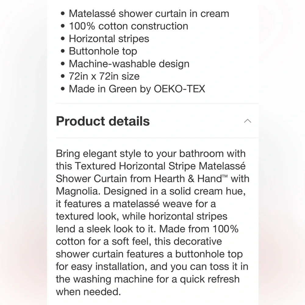 HEARTH & HAND NWT textured horizontal stripe matalesse shower curtain -white